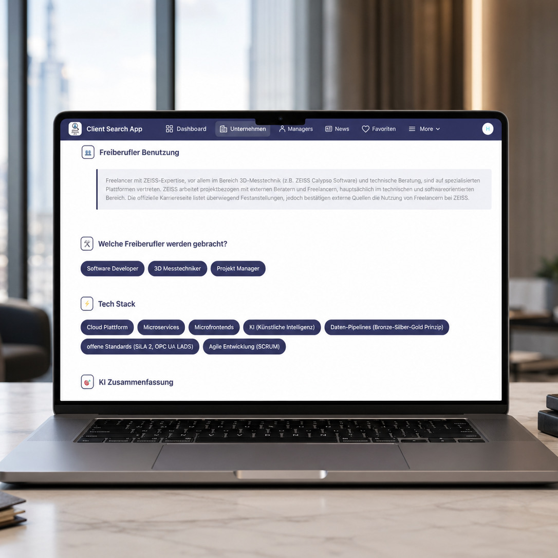 Client Search — app detail view on a laptop